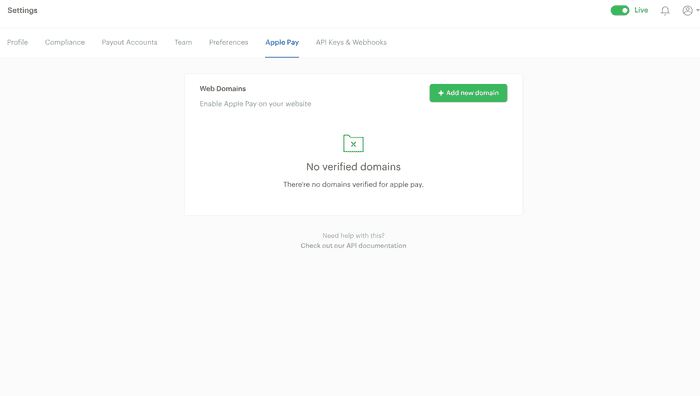Image of the Paystack Apple Pay page, showinfg where to add a domain name