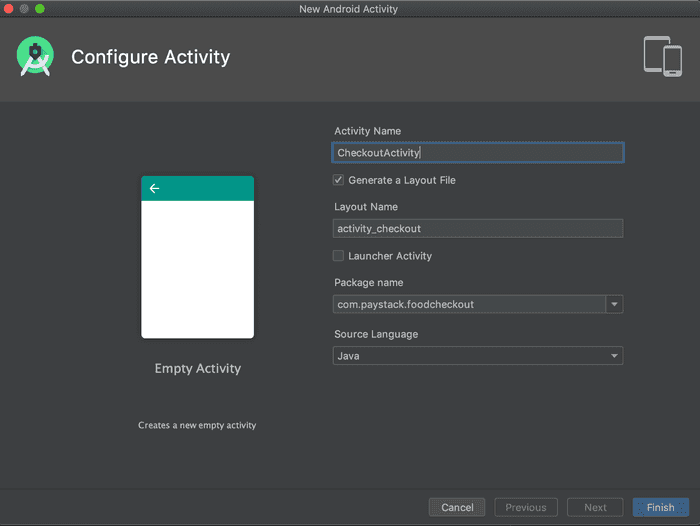 Screenshot of Android Studio when creating the Checkout Activity