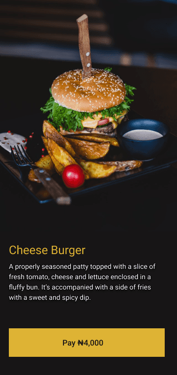Main Activity containing the picture of a cheese burger and it's description