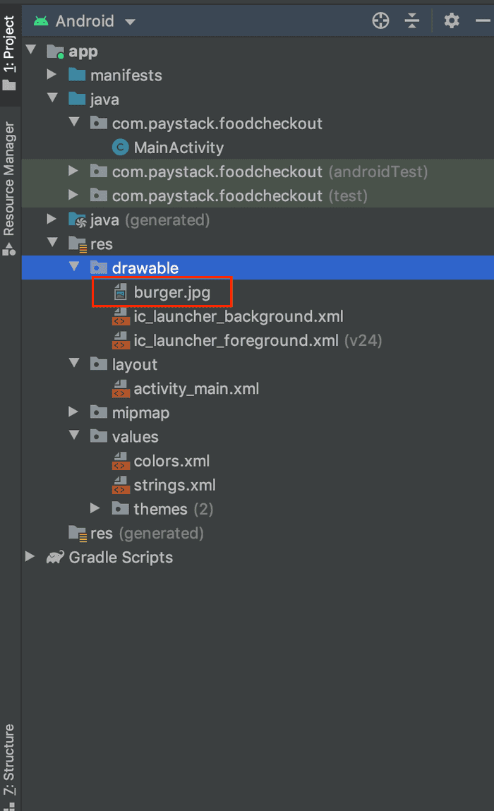 Screenshot of Android Studio with the updated burger image drawable